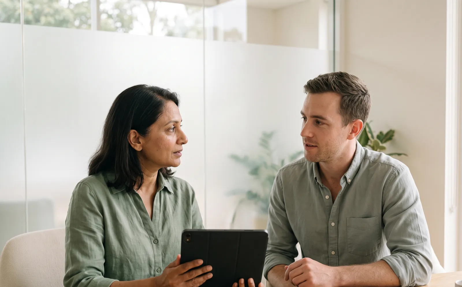 A practitioner showing a tablet to an employee in a private consultation